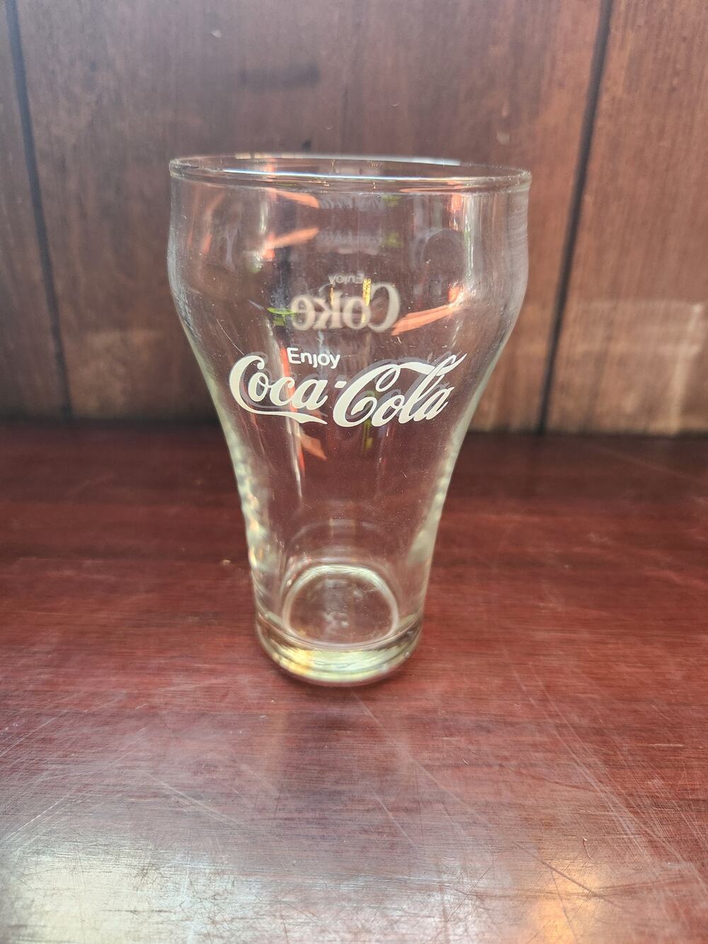 Vintage Enjoy Coca-Cola Script Logo Flare Glass Footed Tumbler 5.25 Inch